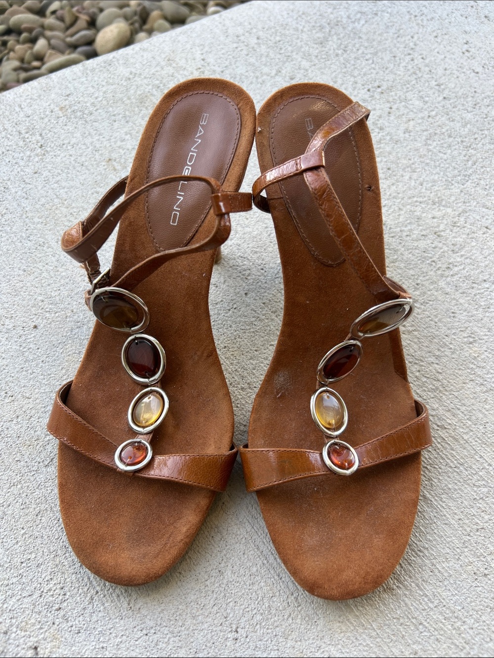 Bandolino Brown Leather T-Strap Sandals with Multicolor Gem Accents